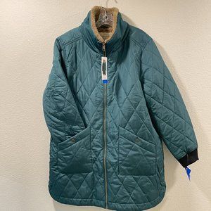 (NWT) WEATHERPROOF Quilted Parka Faux Sherpa Lined Zip Front, Dark Green - L